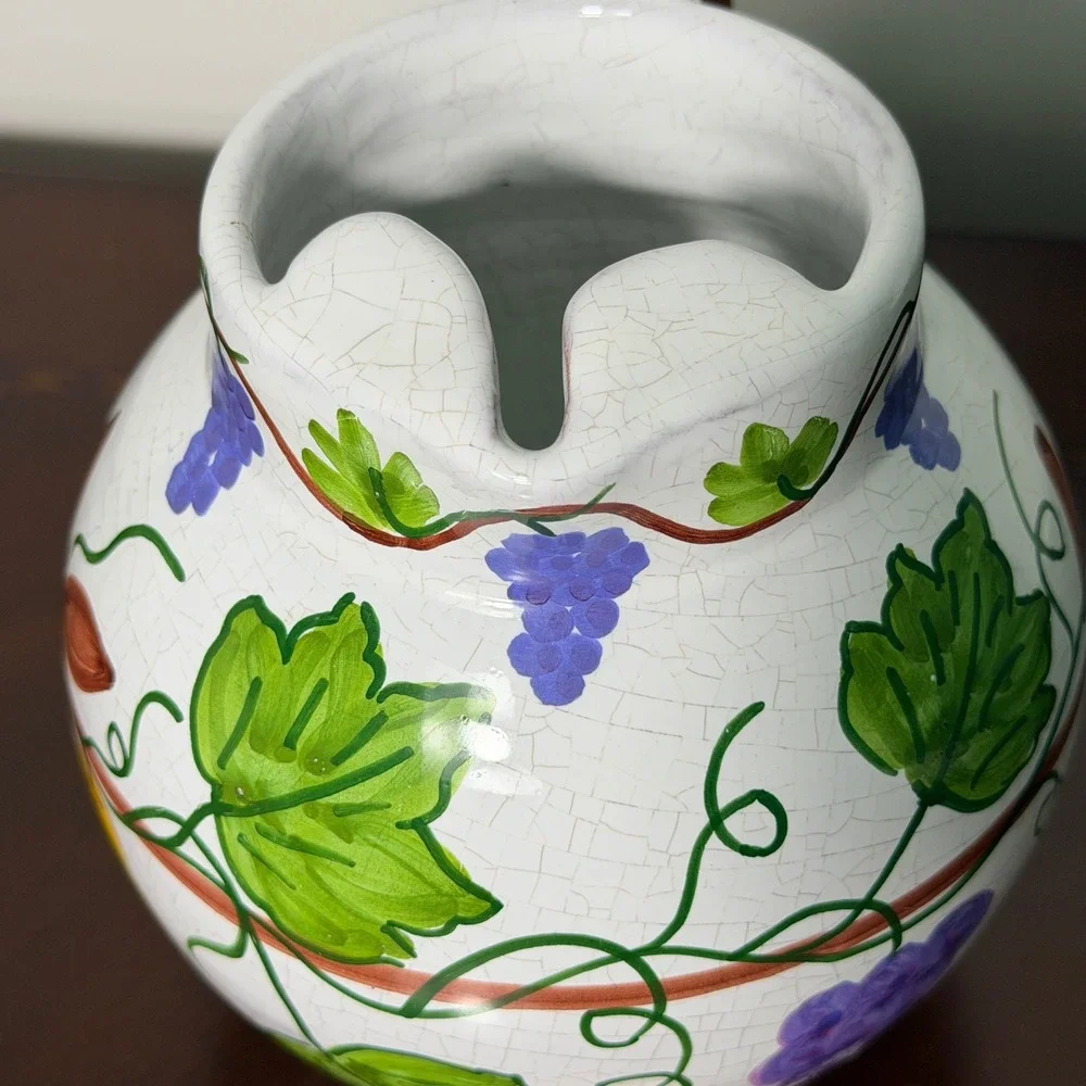 Vintage Portugal Hand Painted Ceramic Pitcher Grape Vine Crackle Glaze Vase